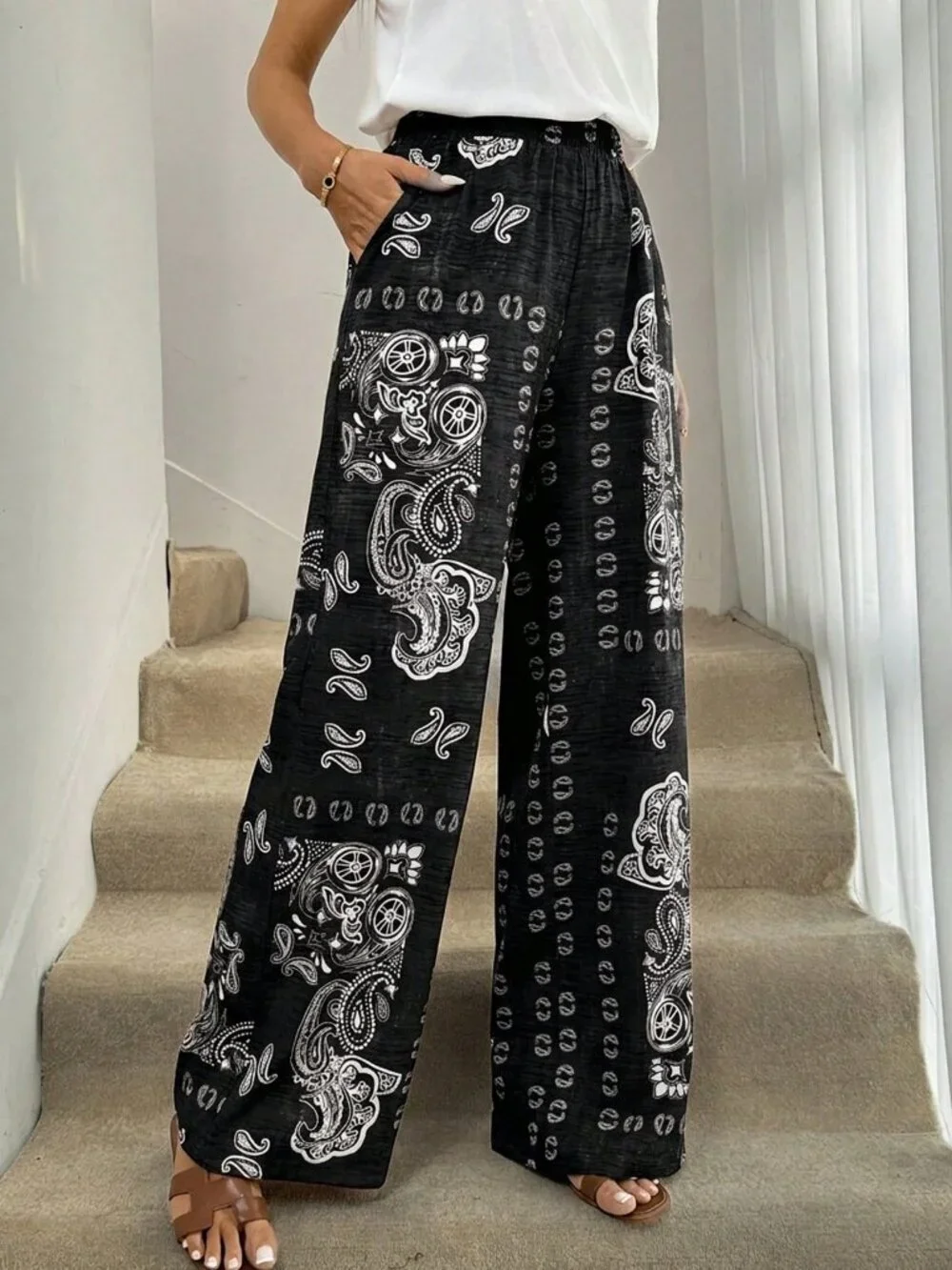 Black And White Boho Women's Print Wide Leg Pants